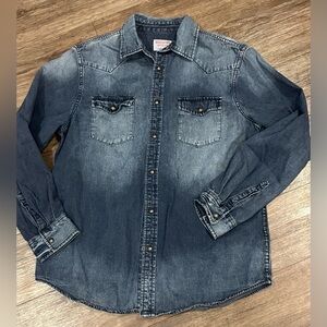 men’s perfectly distressed denim snap front shirt western detail mosimo